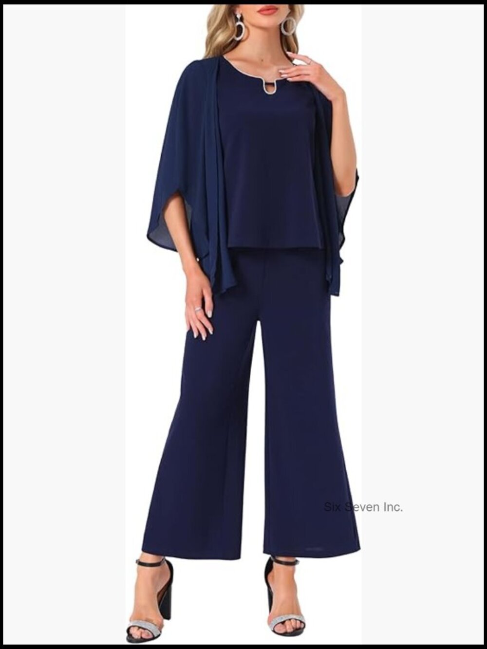 Formal Chiffon Top Pantsuit 2 Piece Set with Rhinestone Trim Wedding Guest
